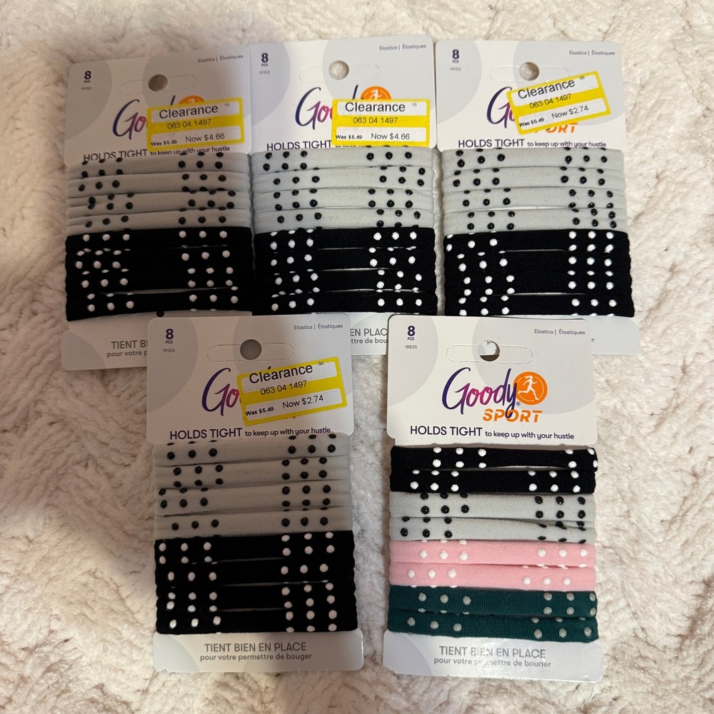 Goody Sport Ouchless Elastic Hair Ties 8 Count 5 Pack Lot Polka Dot Black Gray